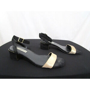 Karl Lagerfeld Tyne Black & Gold Suede Ankle Strap Med. Heel Sandals Women 9.5 M